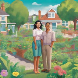 A novel cover illustration featuring Maya, a community gardener, and Kai, a visionary architect