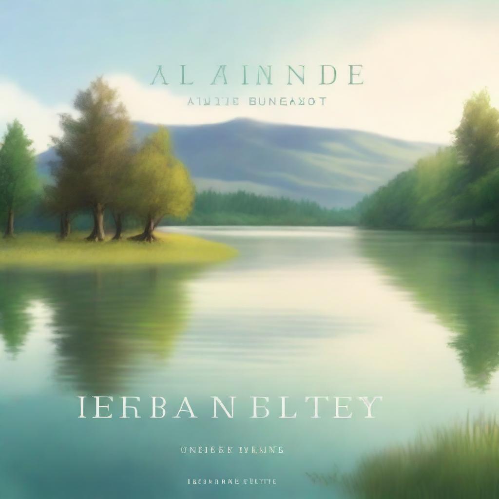 A serene and peaceful book cover featuring a tranquil landscape with a calm lake, surrounded by lush greenery and gentle hills