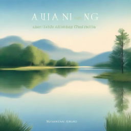 A serene and peaceful book cover featuring a tranquil landscape with a calm lake, surrounded by lush greenery and gentle hills