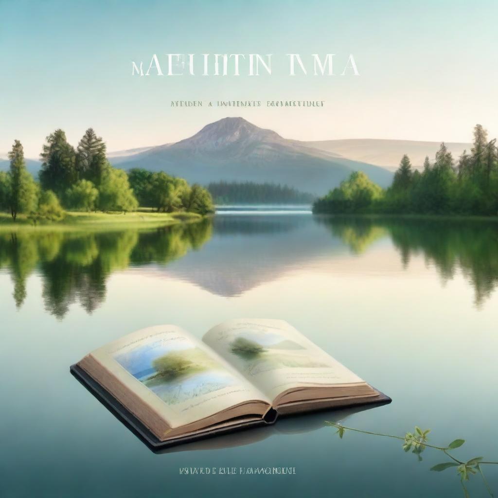 A serene and peaceful book cover featuring a tranquil landscape with a calm lake, surrounded by lush greenery and gentle hills