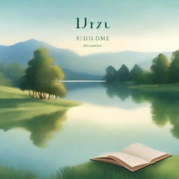 A serene and peaceful book cover featuring a tranquil landscape with a calm lake, surrounded by lush greenery and gentle hills