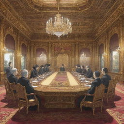 Anime-style illustration showing an ornate palace meeting room, with the king sitting at the far end of a long table and five individuals seated around it.