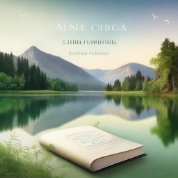 A serene and peaceful book cover featuring a tranquil landscape with a calm lake, surrounded by lush greenery and gentle hills