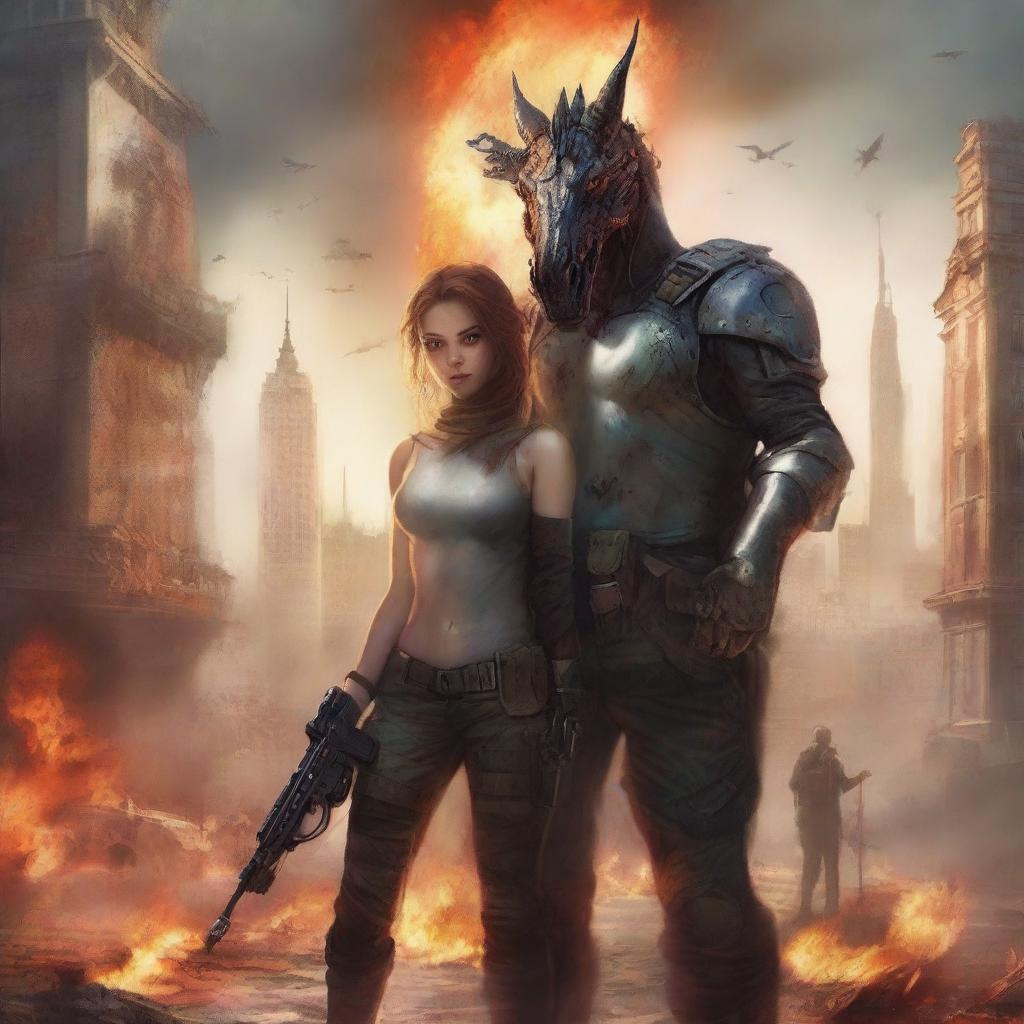 A realistic illustration of a book cover featuring a post-apocalyptic world with two lovers in combat gear