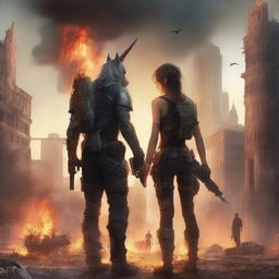 A realistic illustration of a book cover featuring a post-apocalyptic world with two lovers in combat gear