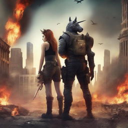 A realistic illustration of a book cover featuring a post-apocalyptic world with two lovers in combat gear