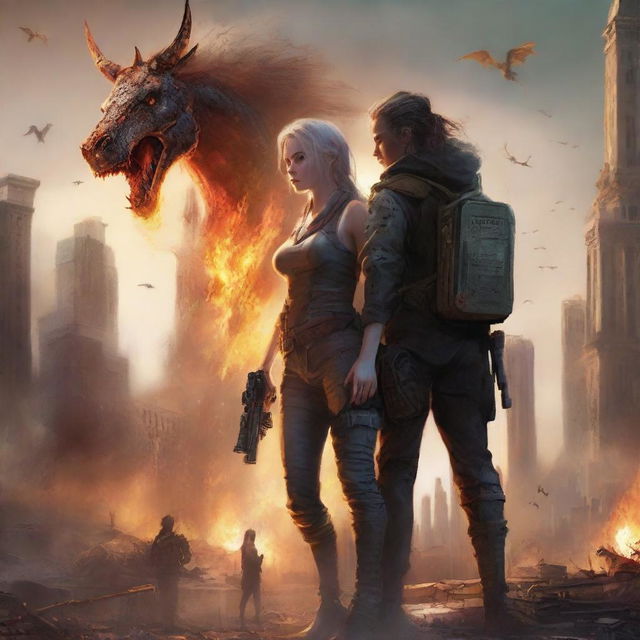 A realistic illustration of a book cover featuring a post-apocalyptic world with two lovers in combat gear