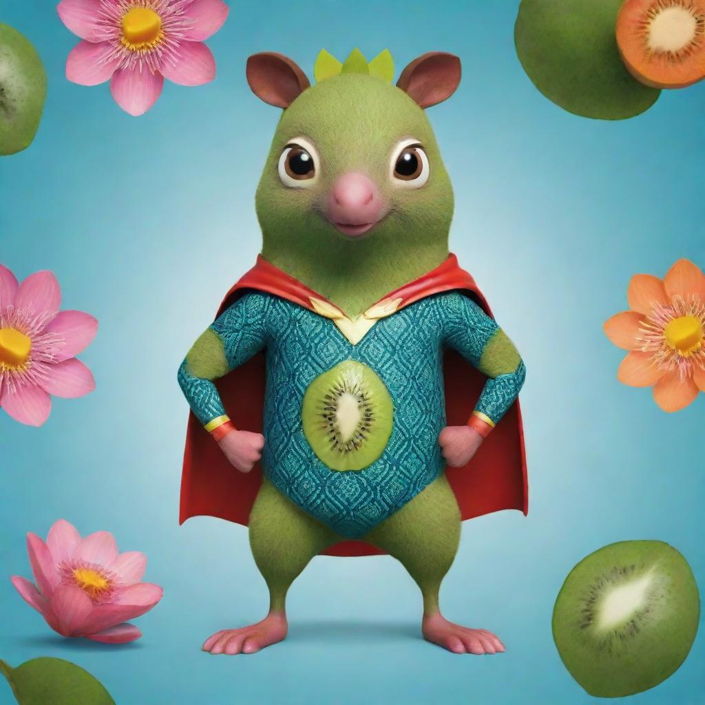 A superheroic animal character in an animated style, wearing a unique costume inspired by the patterns and colors of a kiwi fruit and a lotus flower