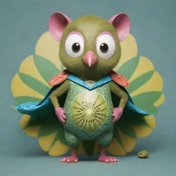 A superheroic animal character in an animated style, wearing a unique costume inspired by the patterns and colors of a kiwi fruit and a lotus flower