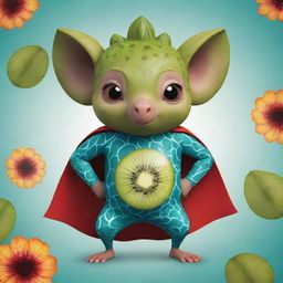 A superheroic animal character in an animated style, wearing a unique costume inspired by the patterns and colors of a kiwi fruit and a lotus flower