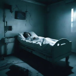 A chilling horror movie poster depicting a person trapped in a coma, with eerie hospital equipment and ghostly figures surrounding the bed