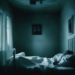 A chilling horror movie poster depicting a person trapped in a coma, with eerie hospital equipment and ghostly figures surrounding the bed