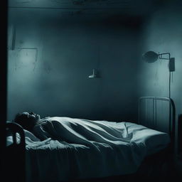 A chilling horror movie poster depicting a person trapped in a coma, with eerie hospital equipment and ghostly figures surrounding the bed