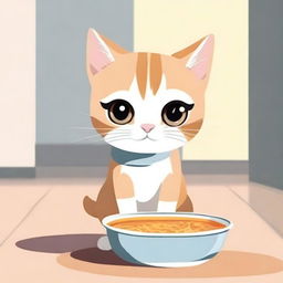 A cute cat with big eyes looking sadly at an empty bowl