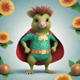 A superheroic animal character in an animated style, wearing a unique costume inspired by the patterns and colors of a kiwi fruit and a lotus flower