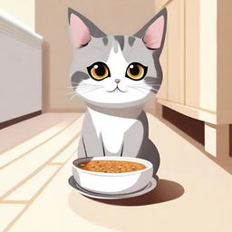 A cute cat with big eyes looking sadly at an empty bowl