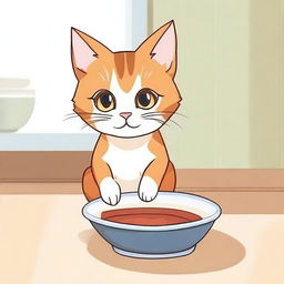 A cute cat with big eyes looking sadly at an empty bowl