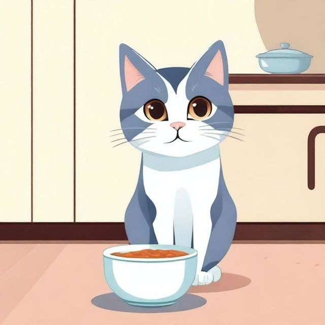 A cute cat with big eyes looking sadly at an empty bowl