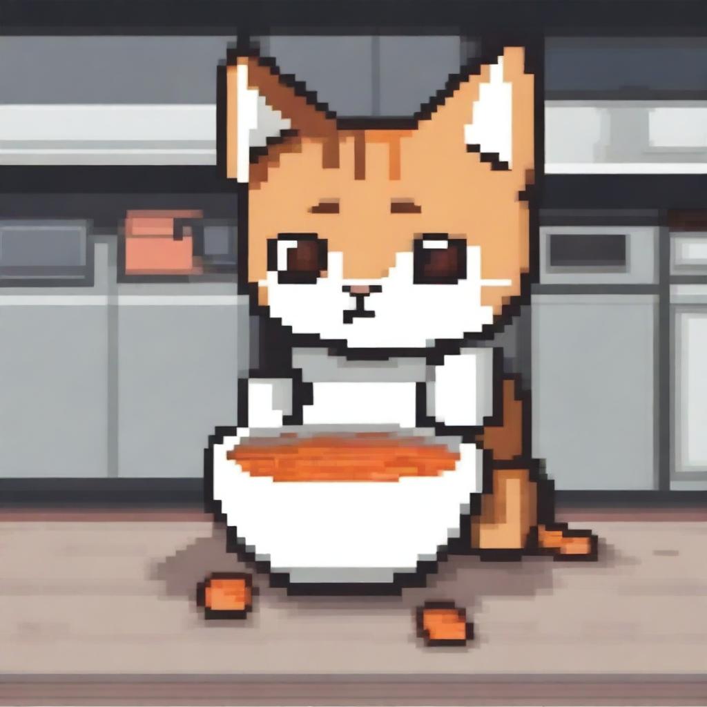 A pixel art depiction of a cute cat with big eyes looking sadly at an empty bowl