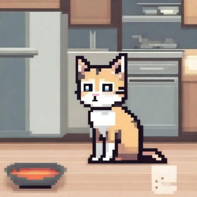 A pixel art depiction of a cute cat with big eyes looking sadly at an empty bowl