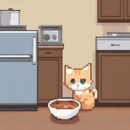 A pixel art depiction of a cute cat with big eyes looking sadly at an empty bowl