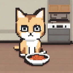 A pixel art depiction of a cute cat with big eyes looking sadly at an empty bowl