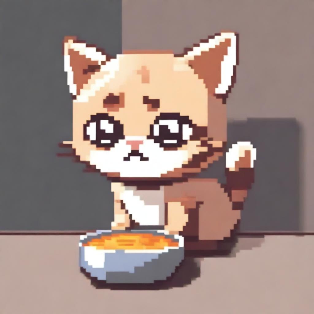 A pixel art depiction of a cute cat with big eyes looking sadly at an empty bowl