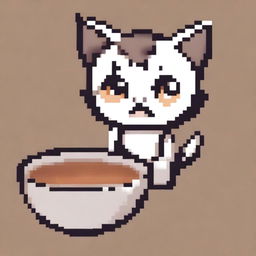 A pixel art depiction of a cute cat with big eyes looking sadly at an empty bowl