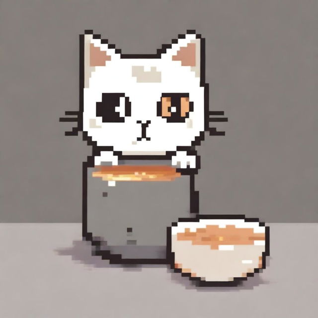 A pixel art depiction of a cute cat with big eyes looking sadly at an empty bowl