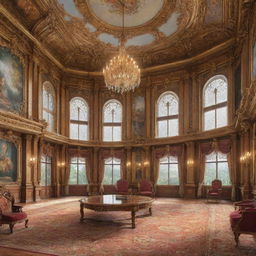 Anime-style depiction of an elaborate palace meeting room with high ceilings, grand windows, and ornate furniture.