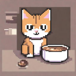 A pixel art depiction of a cute cat with big eyes looking sadly at an empty bowl