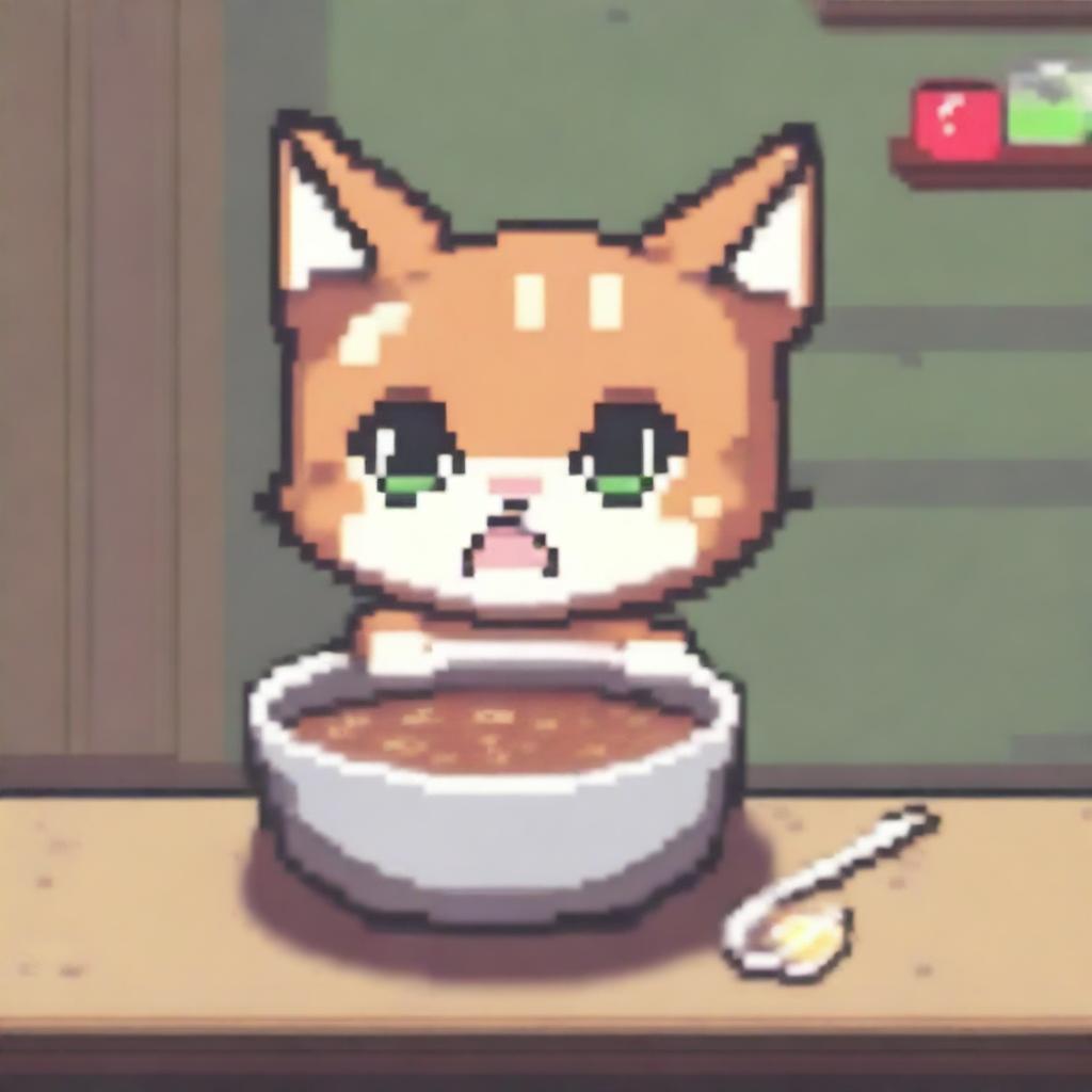 A pixel art depiction of a cute cat with big eyes looking sadly at an empty bowl