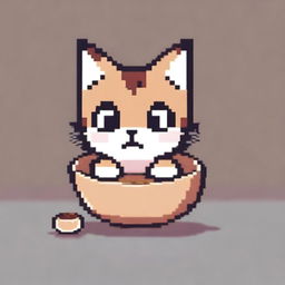 A pixel art depiction of a cute cat with big eyes looking sadly at an empty bowl