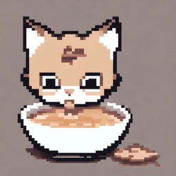 A pixel art depiction of a cute cat with big eyes looking sadly at an empty bowl