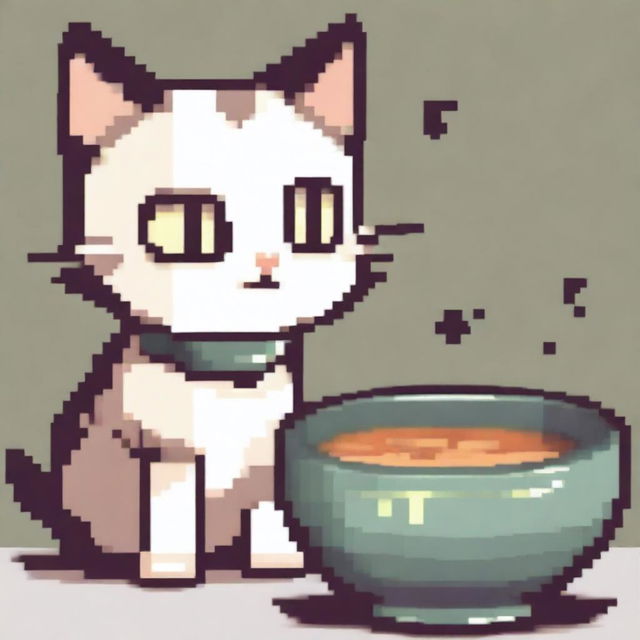 A pixel art depiction of a cute cat with big eyes looking sadly at an empty bowl