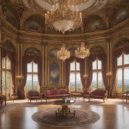 Anime-style depiction of an elaborate palace meeting room with high ceilings, grand windows, and ornate furniture.