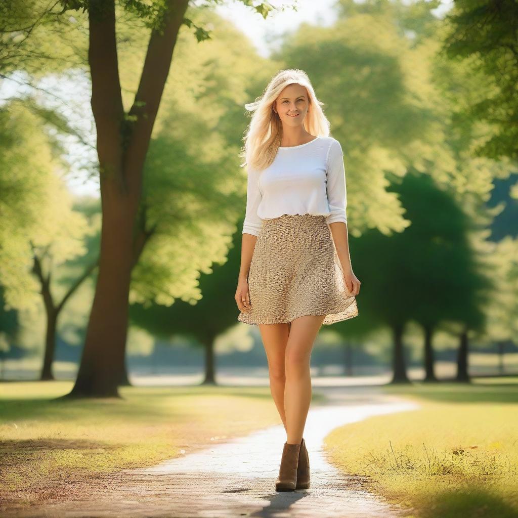 A petite Swedish woman with blonde hair and brown eyes, wearing a skirt, tights, and high boots, walking in a sunny summer park