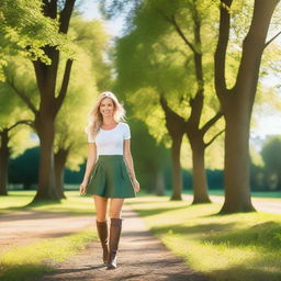 A petite Swedish woman with blonde hair and brown eyes, wearing a skirt, tights, and high boots, walking in a sunny summer park