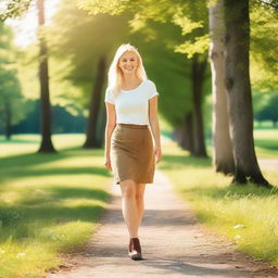 A petite Swedish woman with blonde hair and brown eyes, wearing a skirt, tights, and high boots, walking in a sunny summer park