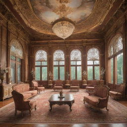 Anime-style depiction of an elaborate palace meeting room with high ceilings, grand windows, and ornate furniture.