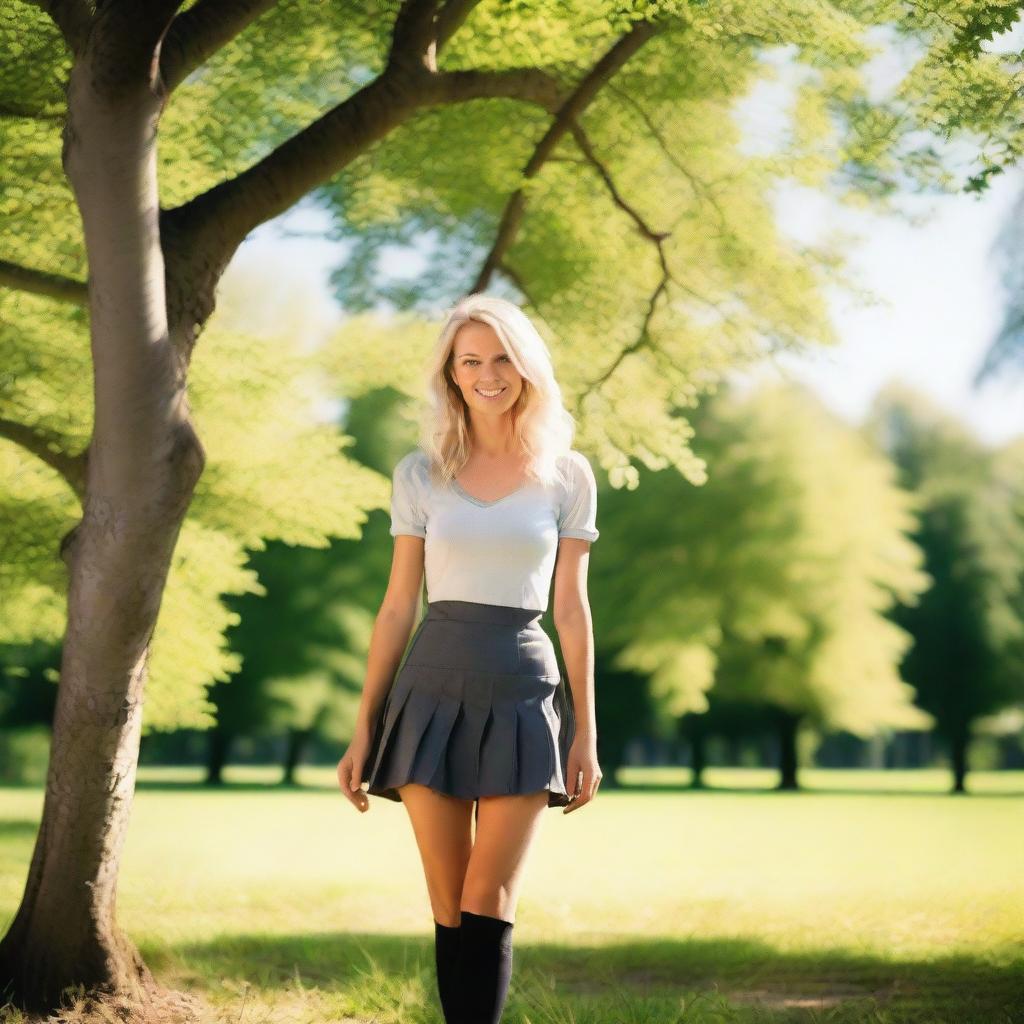 A petite Swedish woman with blonde hair and brown eyes, wearing a very short skirt, black tights, and high boots, walking in a sunny summer park