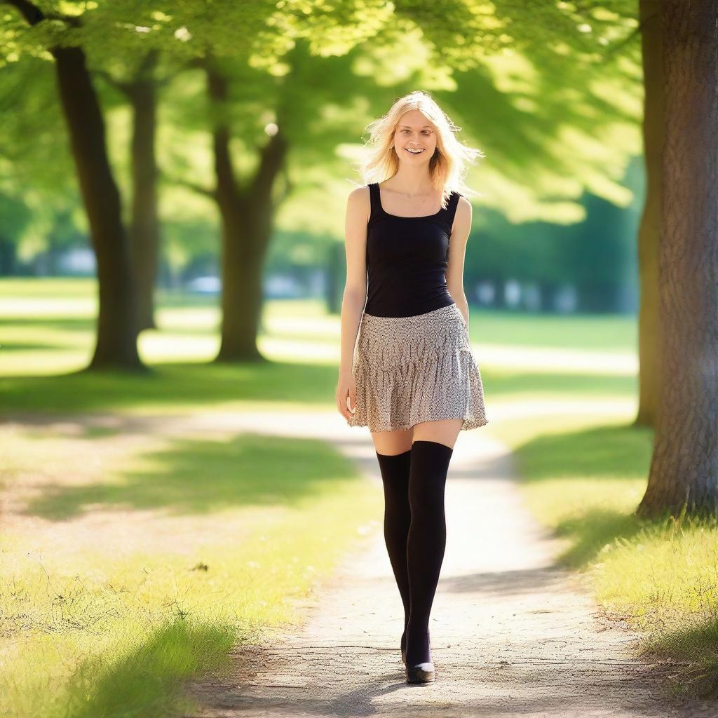 A petite Swedish woman with blonde hair and brown eyes, wearing a very short skirt, black tights, and high boots, walking in a sunny summer park