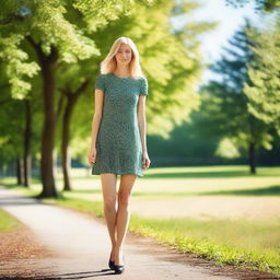 A petite Swedish woman with blonde hair and brown eyes, walking in a sunny summer park