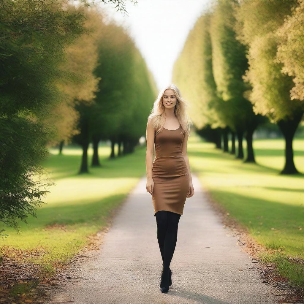 A petite Swedish woman with blonde hair and brown eyes, walking in a park