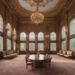 Anime-style depiction of an elaborate palace meeting room with high ceilings, grand windows, and ornate furniture.