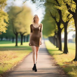 A petite Swedish woman with blonde hair and brown eyes, walking in a park