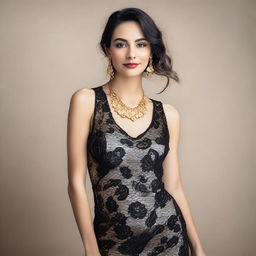 A woman, 30 years old, with a delicate face and a perfect figure, wearing an elegant black and gold lace dress, adorned with a necklace and earrings, gracefully poses, embodying aesthetically enhanced beauty