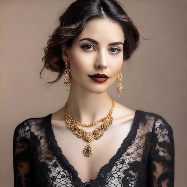 A woman, 30 years old, with a delicate face and a perfect figure, wearing an elegant black and gold lace dress, adorned with a necklace and earrings, gracefully poses, embodying aesthetically enhanced beauty