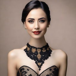 A woman, 30 years old, with a delicate face and a perfect figure, wearing an elegant black and gold lace dress, adorned with a necklace and earrings, gracefully poses, embodying aesthetically enhanced beauty