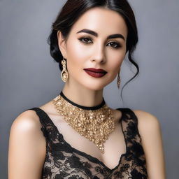 A woman, 30 years old, with a delicate face and a perfect figure, wearing an elegant black and gold lace dress, adorned with a necklace and earrings, gracefully poses, embodying aesthetically enhanced beauty